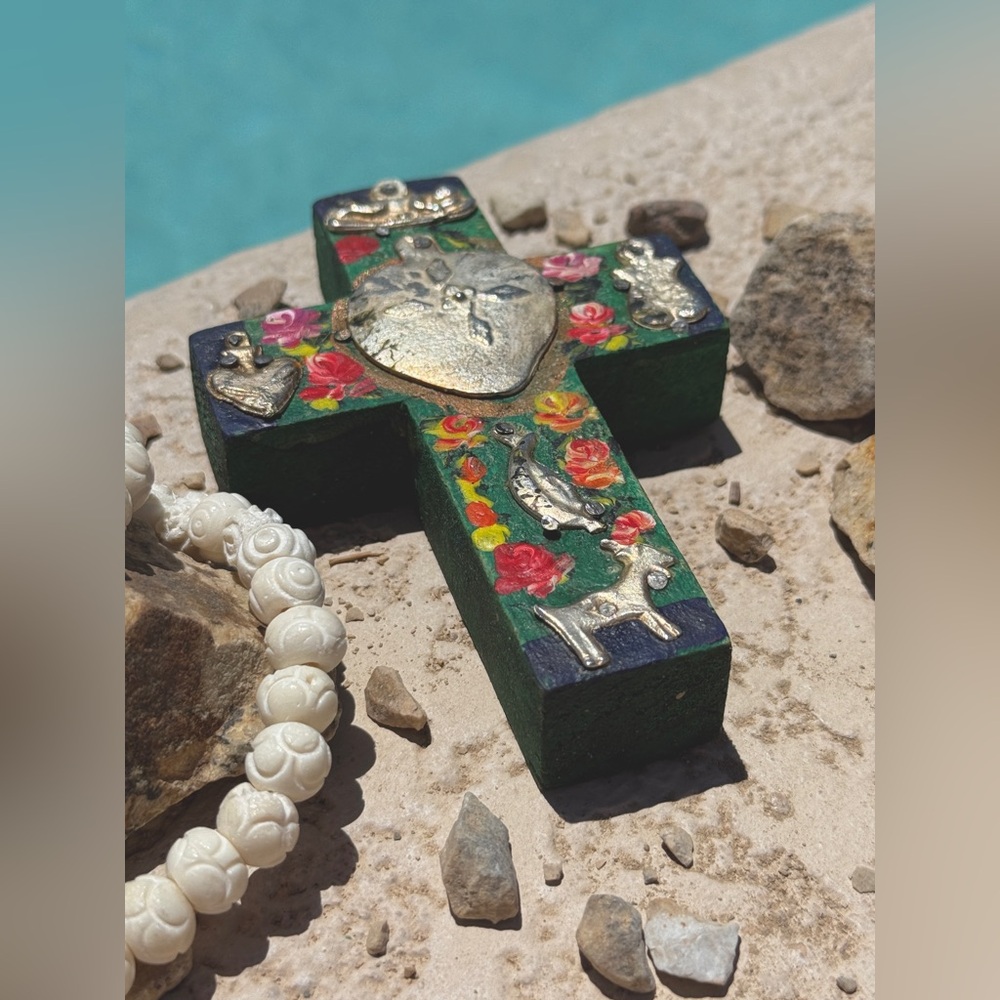 Milagros Silver Metal Charm Spanish Folk Art Painted Wood Cross-Turquoise Green - Picture 5 of 10